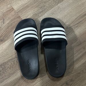 Adidas Black Slides with White Stripes